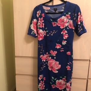 New G.I.L.I Blue & Pink Floral Short Sleeve Midi Dress w/ Side Slits & Slip